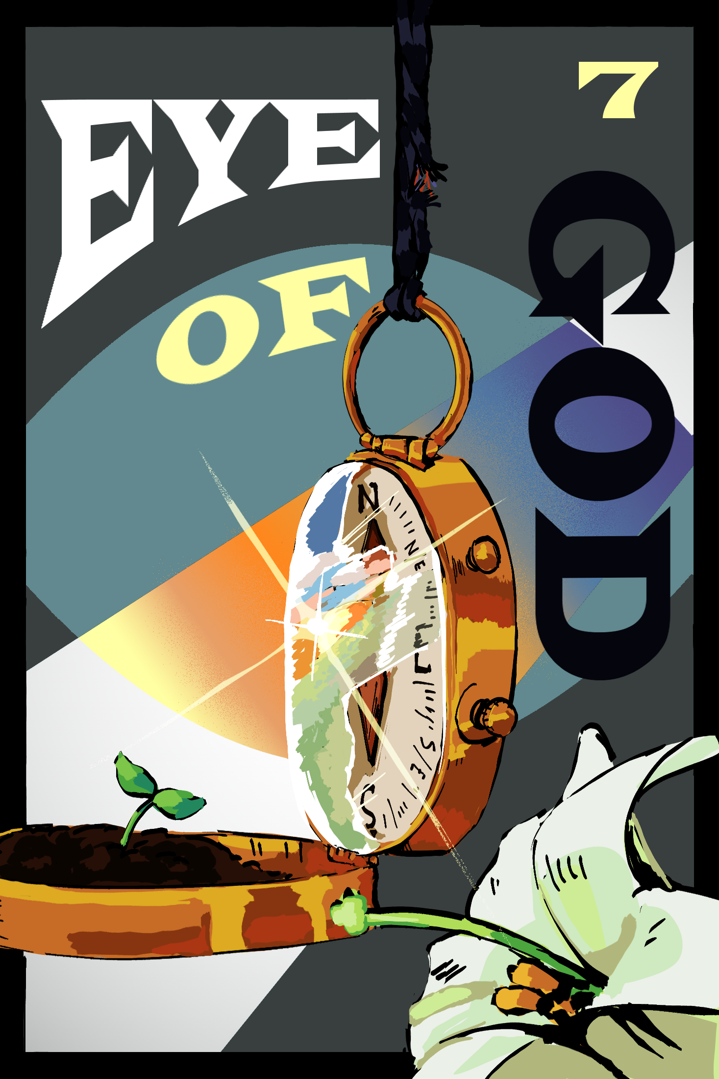 A comic cover for Volume 7 of Eye of God. It is a compass hanging open in the center of the frame. In the compass' cover is a small plant sprouting. A sunrise glints on the glass.